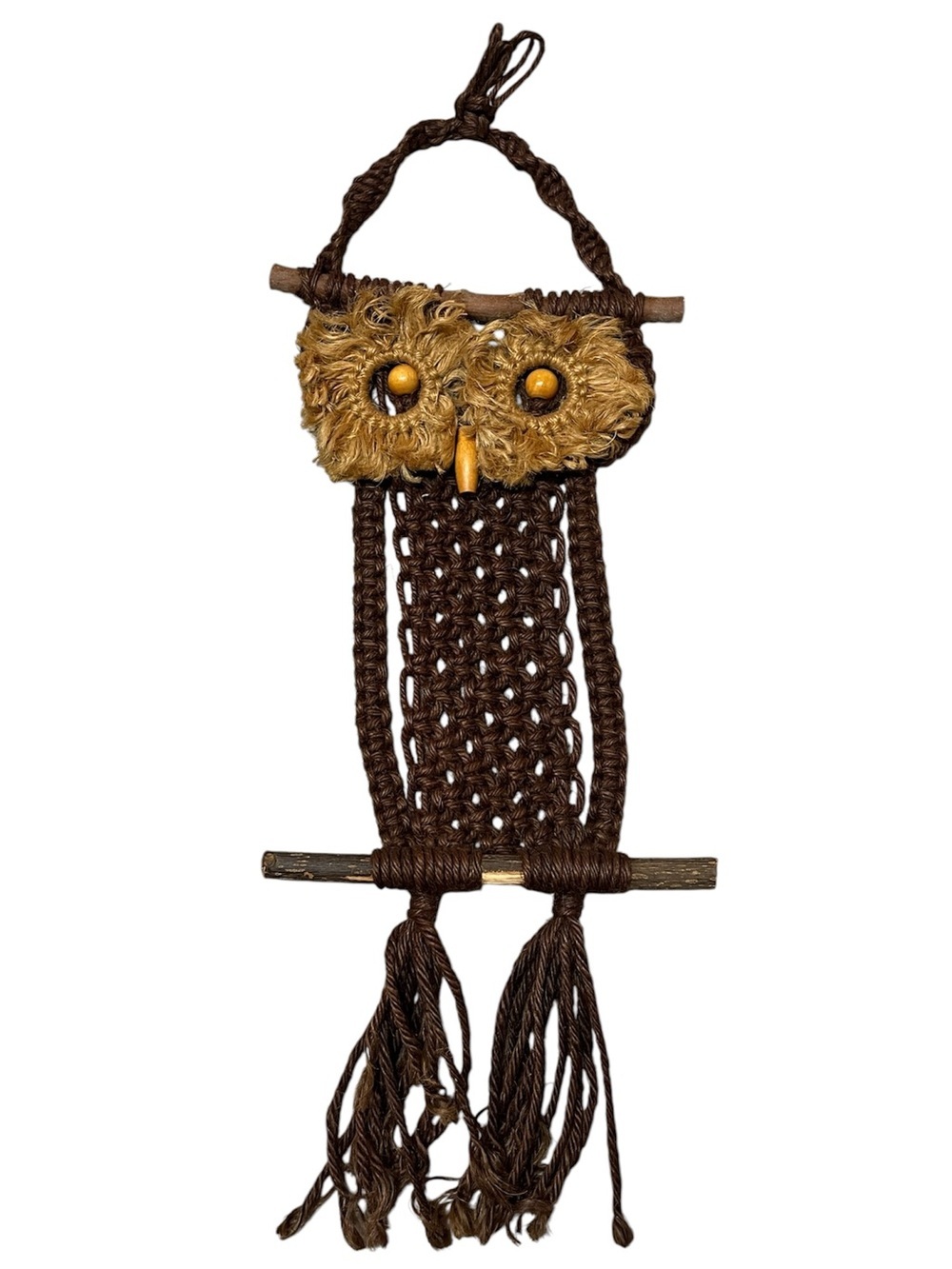 Mid Century Modern 1970s Boho Style Wall Hanging Jute Macrame Owl - 33"